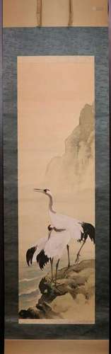 Japanese Scroll Painting on Silk  - Cranes