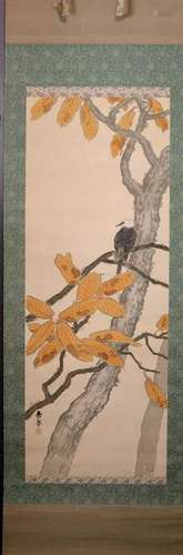 Japanese Scroll Painting of Bird on Birch