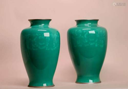 Two Japanese Green Cloisonne Vases - Ando