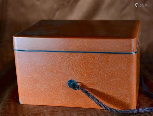 Japanese Orange Lacquer Box with Incised Bird Motif