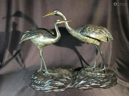 Japanese Bronze Crane Group on Base