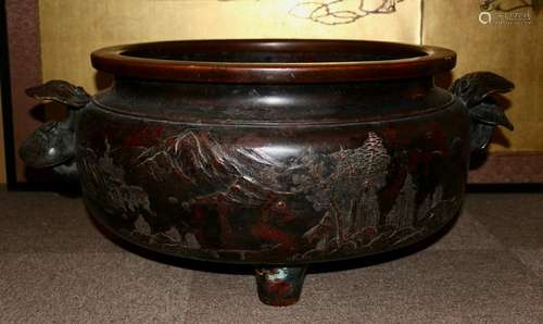 Heavy Japanese Bronze Censer with Landscape Scene