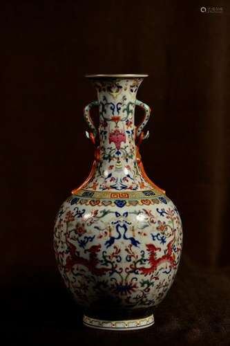 Chinese Famille Rose Porcelain Vase with Double Handle