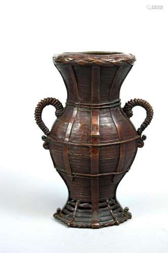 Japanese Bronze Vase of Bamboo Woven Style