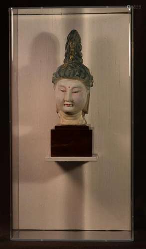 Chinese Pottery Kaunyin Head in Lucite Display Case