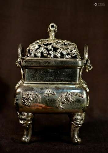 Chinese Bronze Censer with Silver Gilt