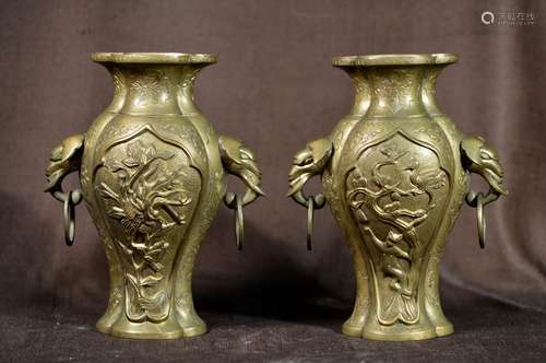 Pair Chinese Bronze Lobbed Vase with Dragon - Xuande