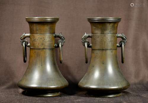 Pair Chinese Bronze Vases with Silver Wire Inlay