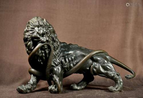 Japanese Meiji Bronze Lion Fighting Snake - Signed