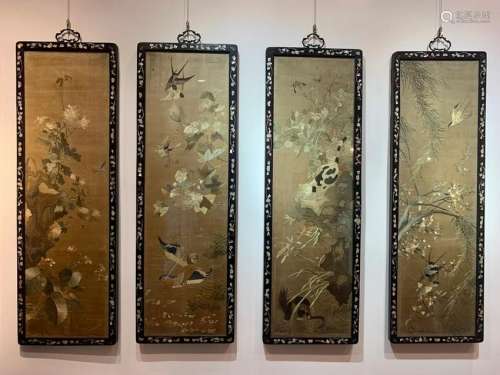 CHINESE SILK EMBROIDERY 4 SCREEN WALL PANELS