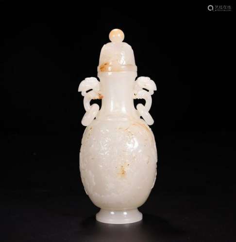CHINESE WHITE JADE CARVED COVER VASE