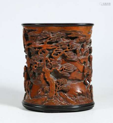 CHINESE HUANGYANG WOOD CARVED FIGURINE BRUSH POT