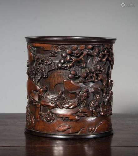 CHINESE BAMBOO CARVED SCHOLAR AND PINE BRUSH POT