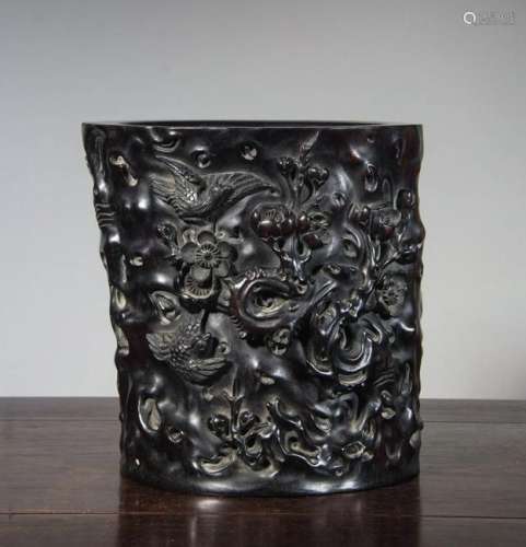 CHINESE HARDWOOD CARVED BRUSH POT