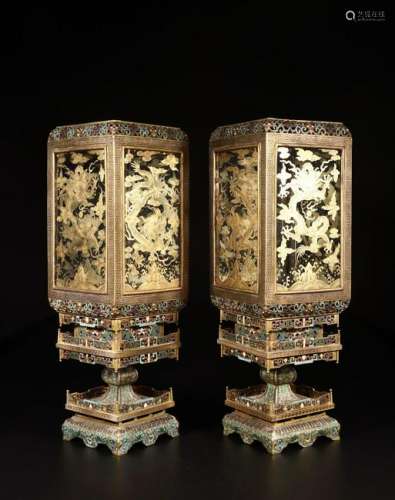 CHINESE IMPERIAL CLOISONNE CANDLE LAMPS W. GILT DR