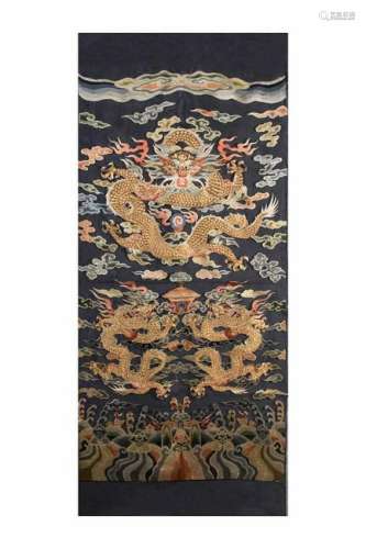 CHINESE SILK EMBROIDERY DRAGON MOTIF DRAPERY