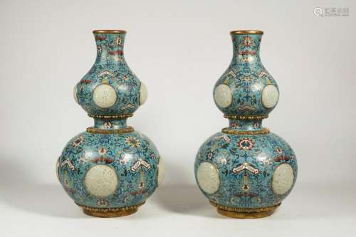 CHINESE CLOISONNE GOURD VASES WHITE JADE PLAQUES,
