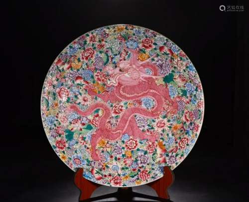 CHINESE FAMILLE ROSE DRAGON PORCELAIN CHARGER