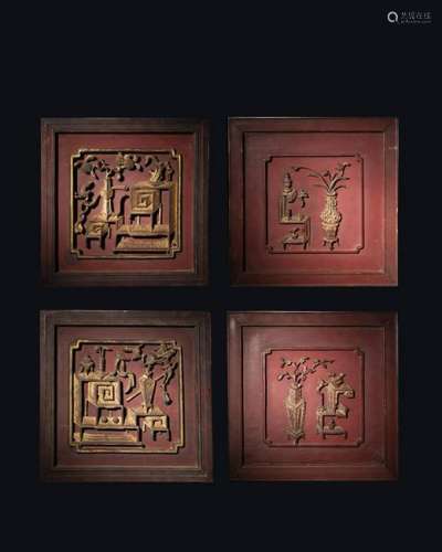 CHINESE SET OF 4 LACQUER WOOD WALL PANEL