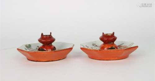 CHINESE FAMILLE ROSE PORCELAIN CANDLE STANDS, PAIR