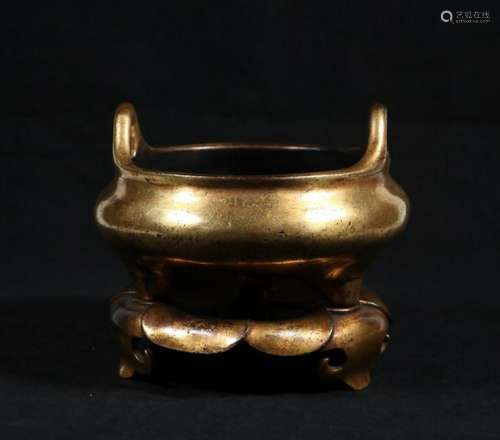 CHINESE GILT BRONZE TRIPOD CENSER W/ STAND AND MAR