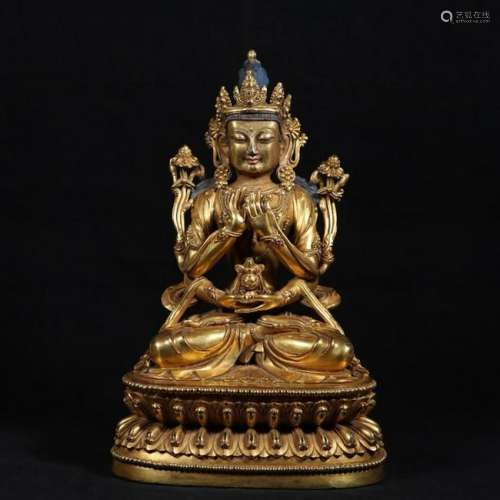 CHINESE GILT BRONZE FIGURE OF SEATED GUANYIN