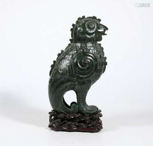 CHINESE SPINACH JADE CARVED ARCHAIC PHOENIX VESSEL