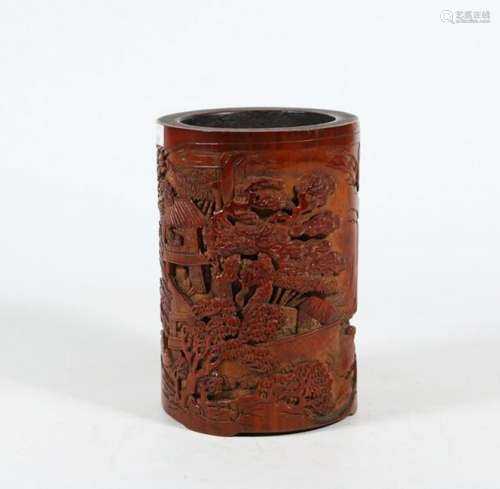CHINESE BAMBOO CARVED LANDSCAPE BRUSH POT