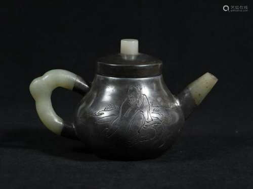 CHINESE PEWTER TEA POT INLAID JADE