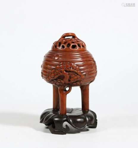 CHINESE BOXWOOD CARVED TRIPOD COVER CENSER