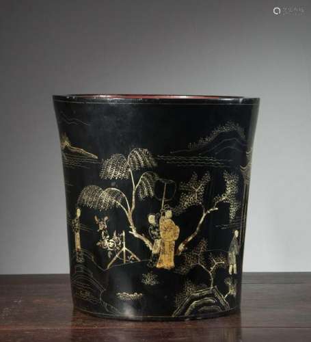 CHINESE LACQUER WOOD STORE SCENE BRUSH POT