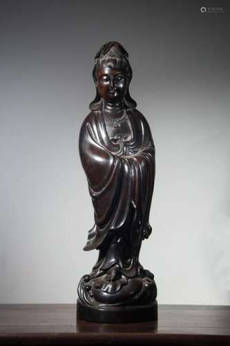 CHINESE HARDWOOD CARVED STANDING GUANYIN