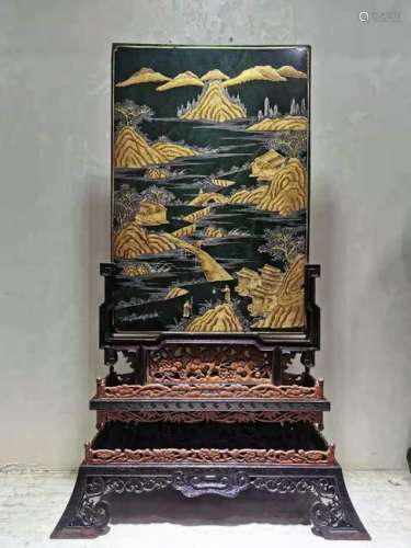 CHINESE SPINACH JADE TABLE SCREEN W. INLAID