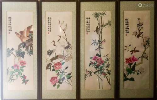 CHINESE SILK EMBROIDERY BIRDS AND FLOWER, 4 PANEL