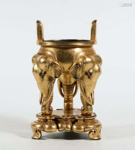 CHINESE GILT BRONZE ELEPHANT TRIPOD CENSER