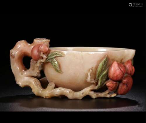 CHINESE POLYCHROME SOAPSTONE PEACH SHAPE WATER COU