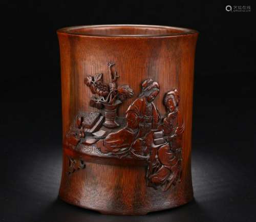 CHINESE BAMBOO CARVED BRUSH POT W. MARK