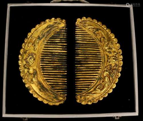 CHINESE GILT BRONZE DRAGON PHOENIX HAIR COMB, PAIR