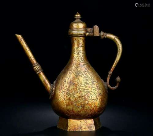 CHINESE GILT BRONZE PHOENIX WINE EWER