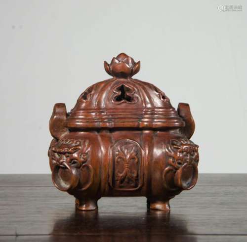 CHINESE HUANGYANG WOOD CARVED COVER CENSER