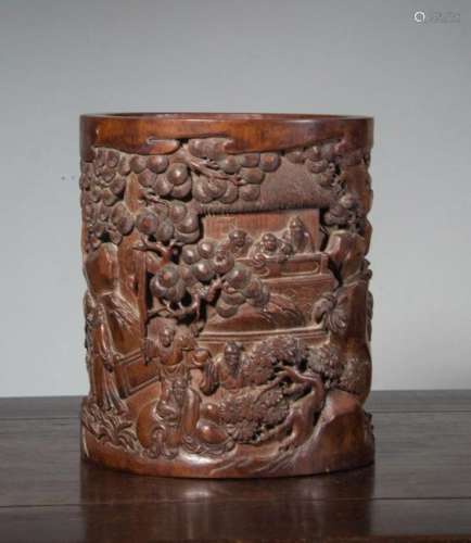 CHINESE BAMBOO CARVED LANDSCAPE BRUSH POT