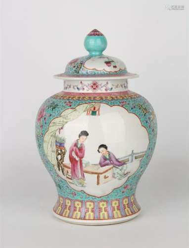 CHINESE FAMILLE ROSE FIGURAL PORCELAIN GINGER JAR