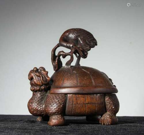 CHINESE BAMBOO CARVED CRANE AND TORTOISE FIGURINE