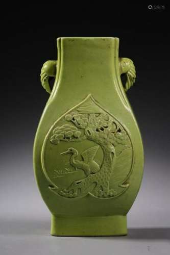 CHINESE GREEN GLAZED PORCELAIN VASE W. PINE AND CR