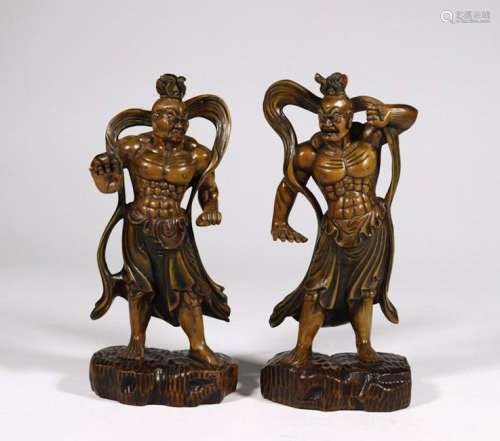 CHINESE HUANGYANG WOOD CARVED GUARDIANS, PAIR