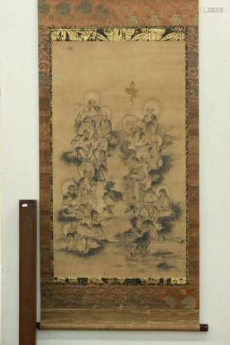 CHINESE SCROLL PAINTING OF 18 LOHANS