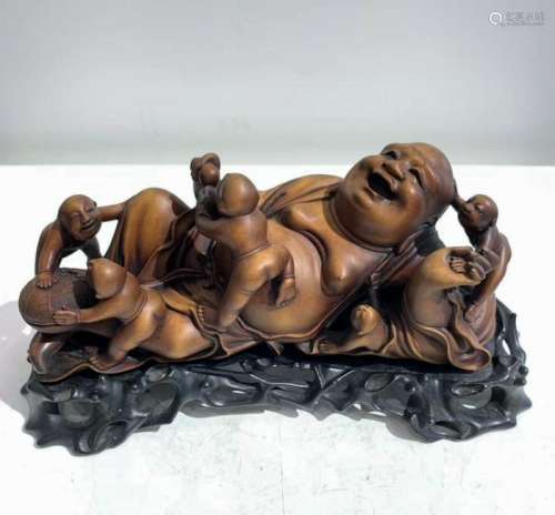 CHINESE HUANGYANG WOOD CARVED 5 BOYS W. HOTEI