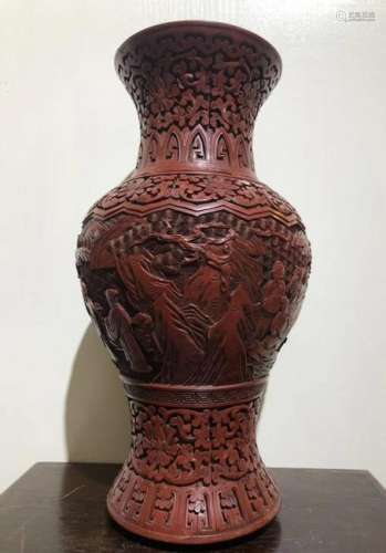 CHINESE CINNABAR LACQUER VASE W. FIGURAL MOTIF