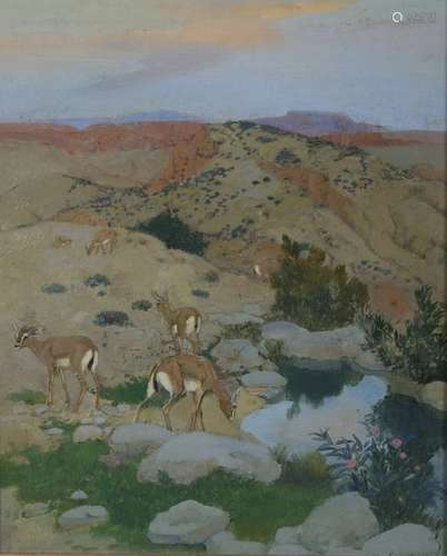 Léon CARRÉ (1878 1942) Antilopes s'abreuvant. Hui…