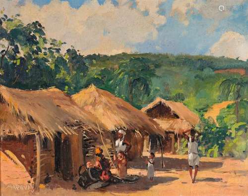 Village d'Afrique. Huile sur panneau encadrée, sig…